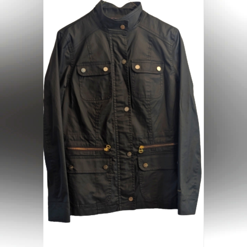 EUC Tommy Hilfiger dark green gold tone hardware waterproof zip & button closure